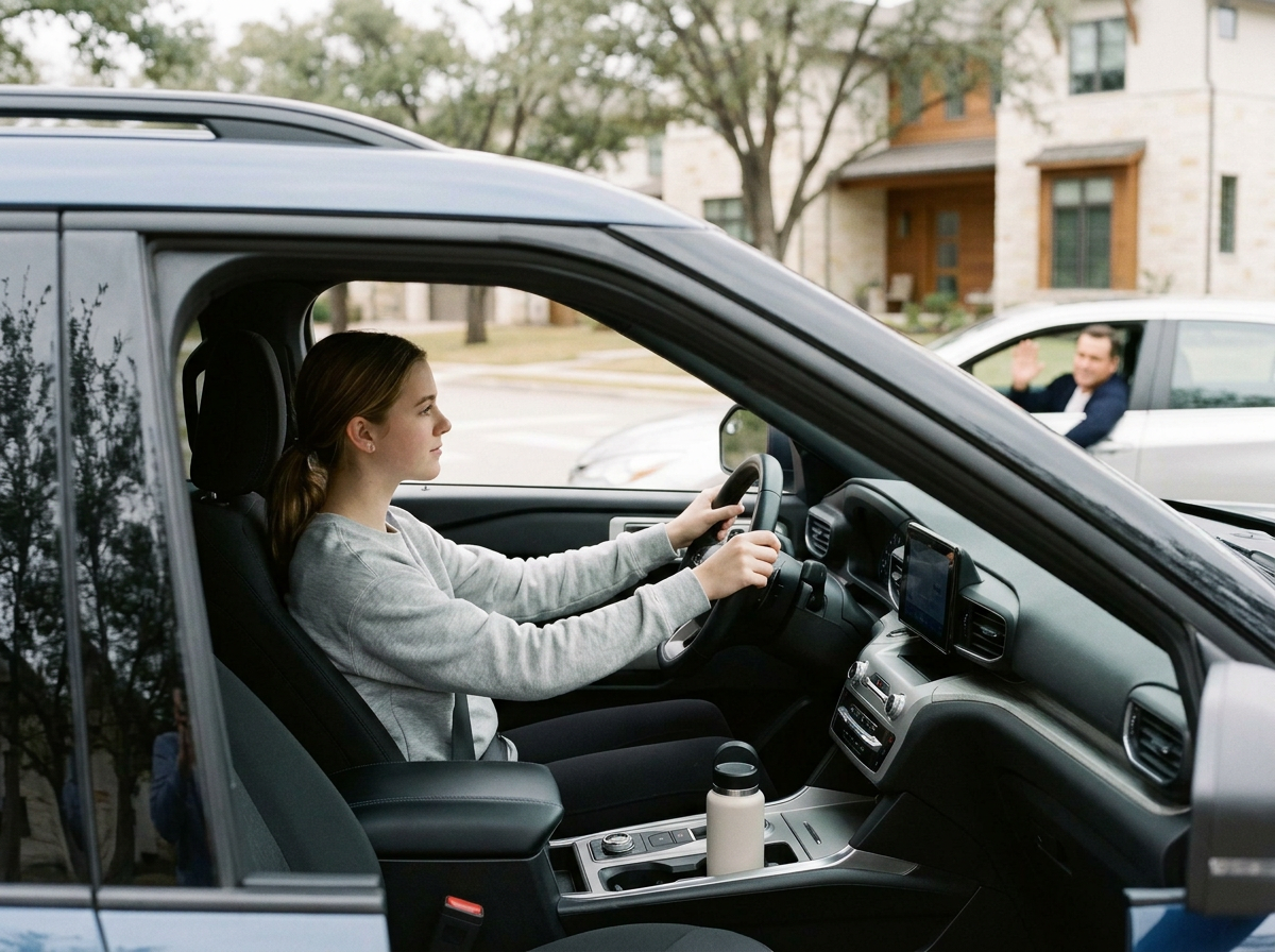 A young woman driving a car with a man in a white car outside waving at her.