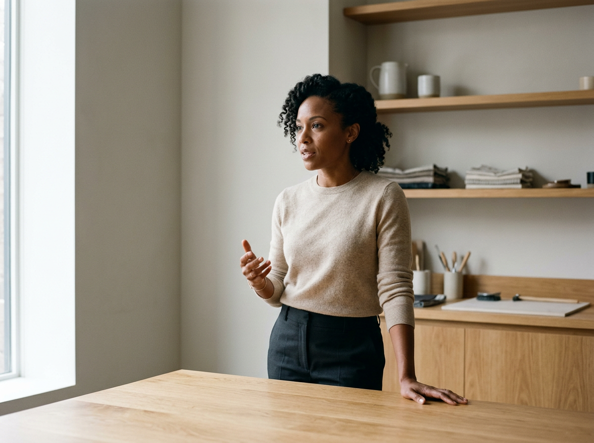 A woman standing and speaking in a minimalist room with wooden shelves and a wooden table, near a window.