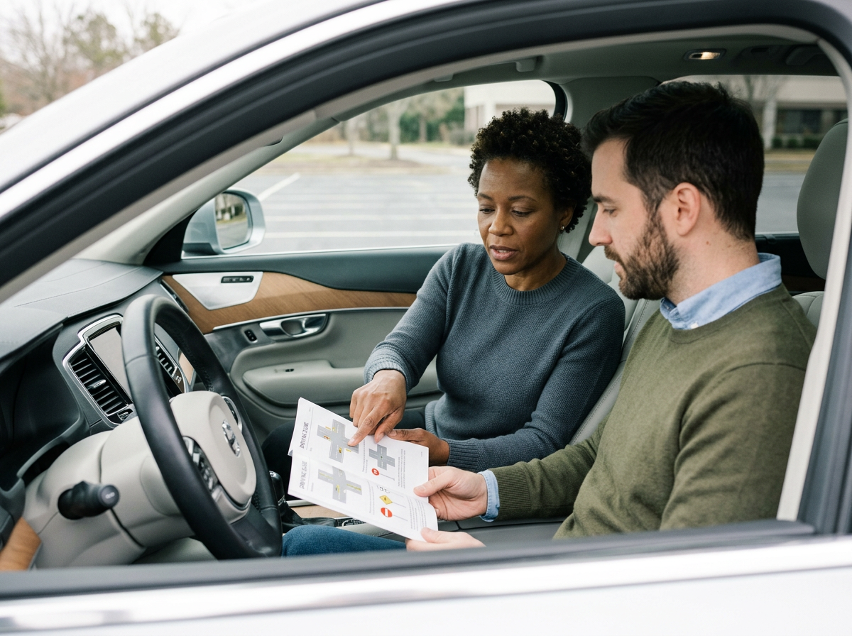 Two people sitting in a car, reviewing a brochure or informational pamphlet, with one person showing the document to the other.