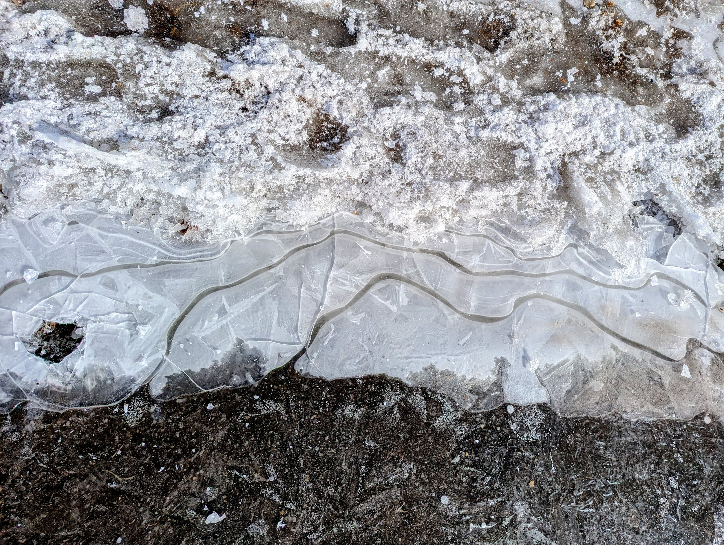 Close-up image of dirty snow and ice on the ground with patches of ice and soil.
