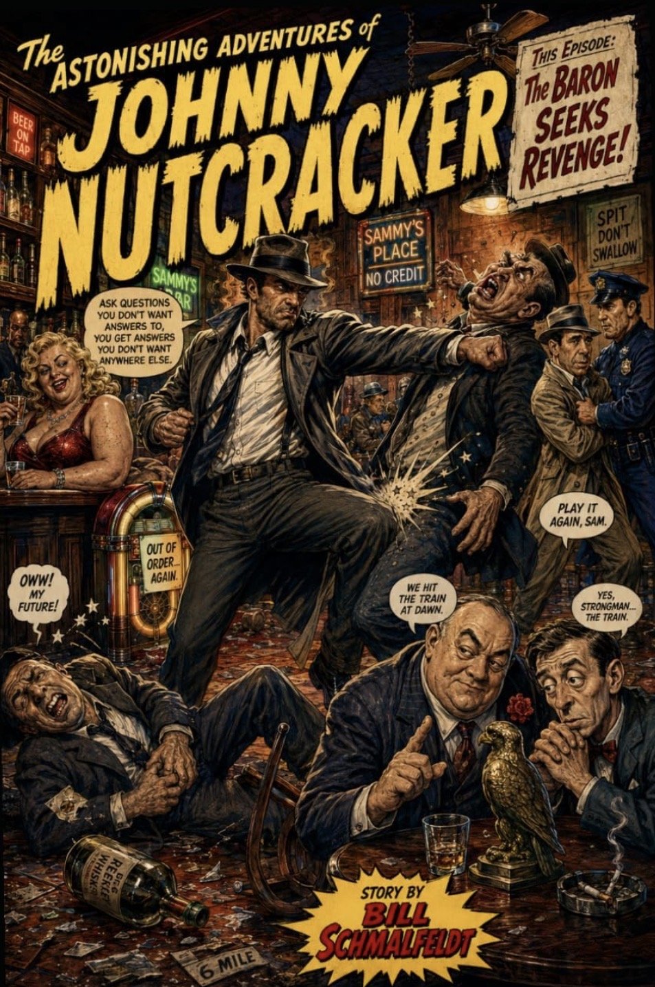 Cover of The Astonishing Adventures of Johnny Nutcracker by Bill Schmalfeldt, and absurd, comic adventure, and affectionate spoof of film noir.