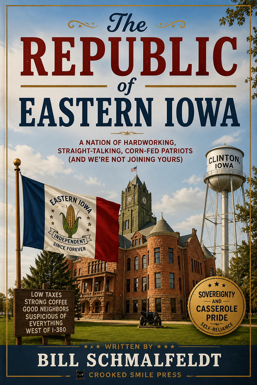 Cover of The Republic of Eastern Iowa by Bill Schmalfeldt, a darkly comic story of survival and accidental independence in Clinton, Iowa.