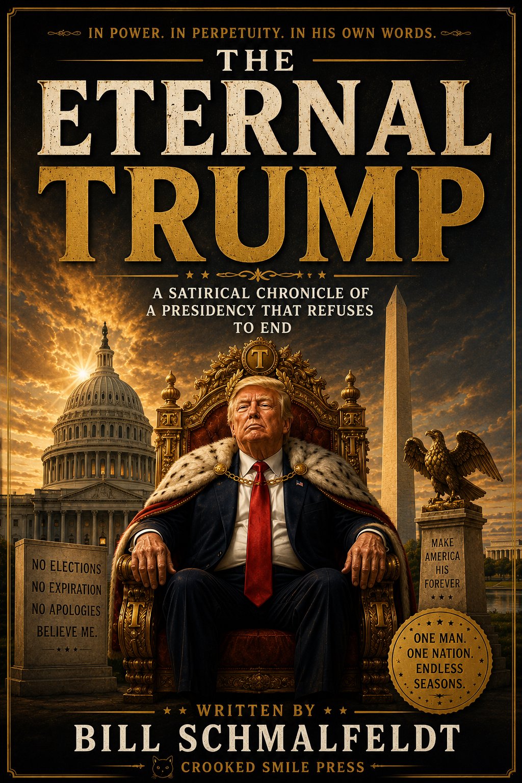 Cover of The Eternal Trump by Bill Schmalfeldt, a political satire featuring Donald Trump seated on a throne.