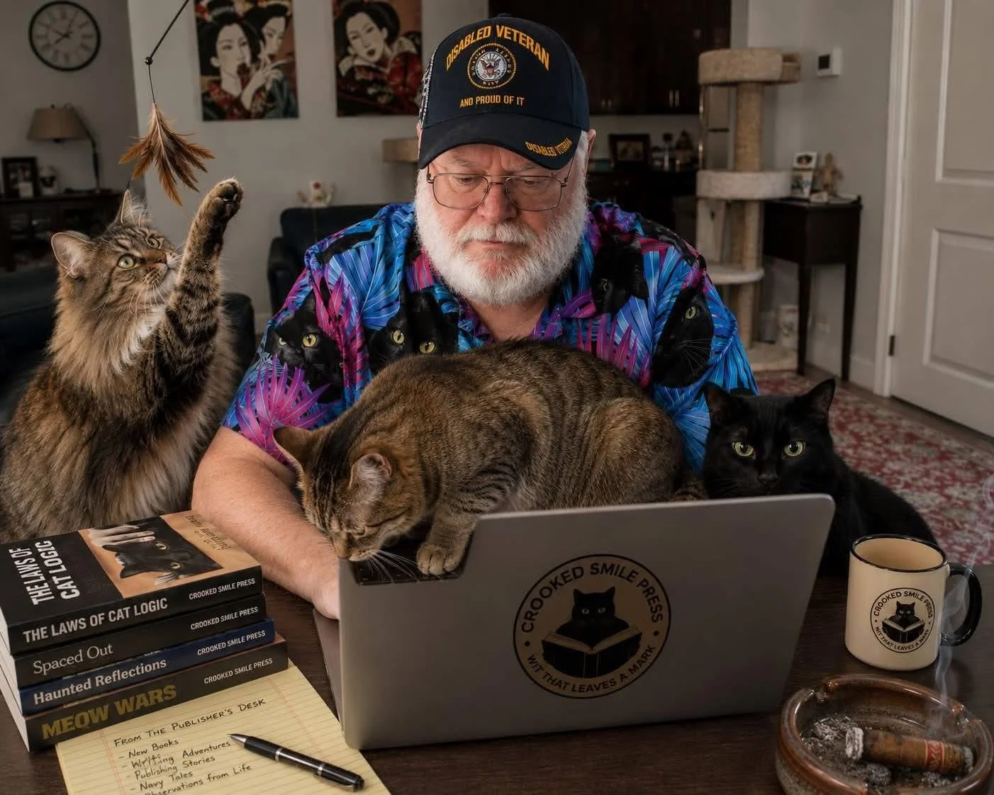 Bill Schmalfeldt working at his desk with three cats gathered around his laptop.