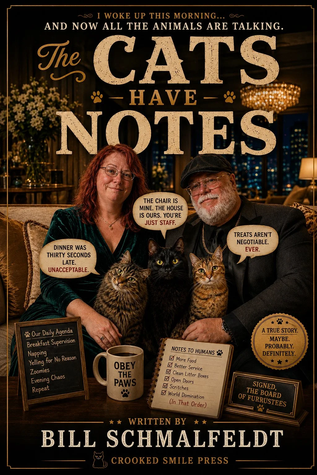 Cover of The Cats Have Notes by Bill Schmalfeldt, a humorous book about people discovering their cats can talk.
