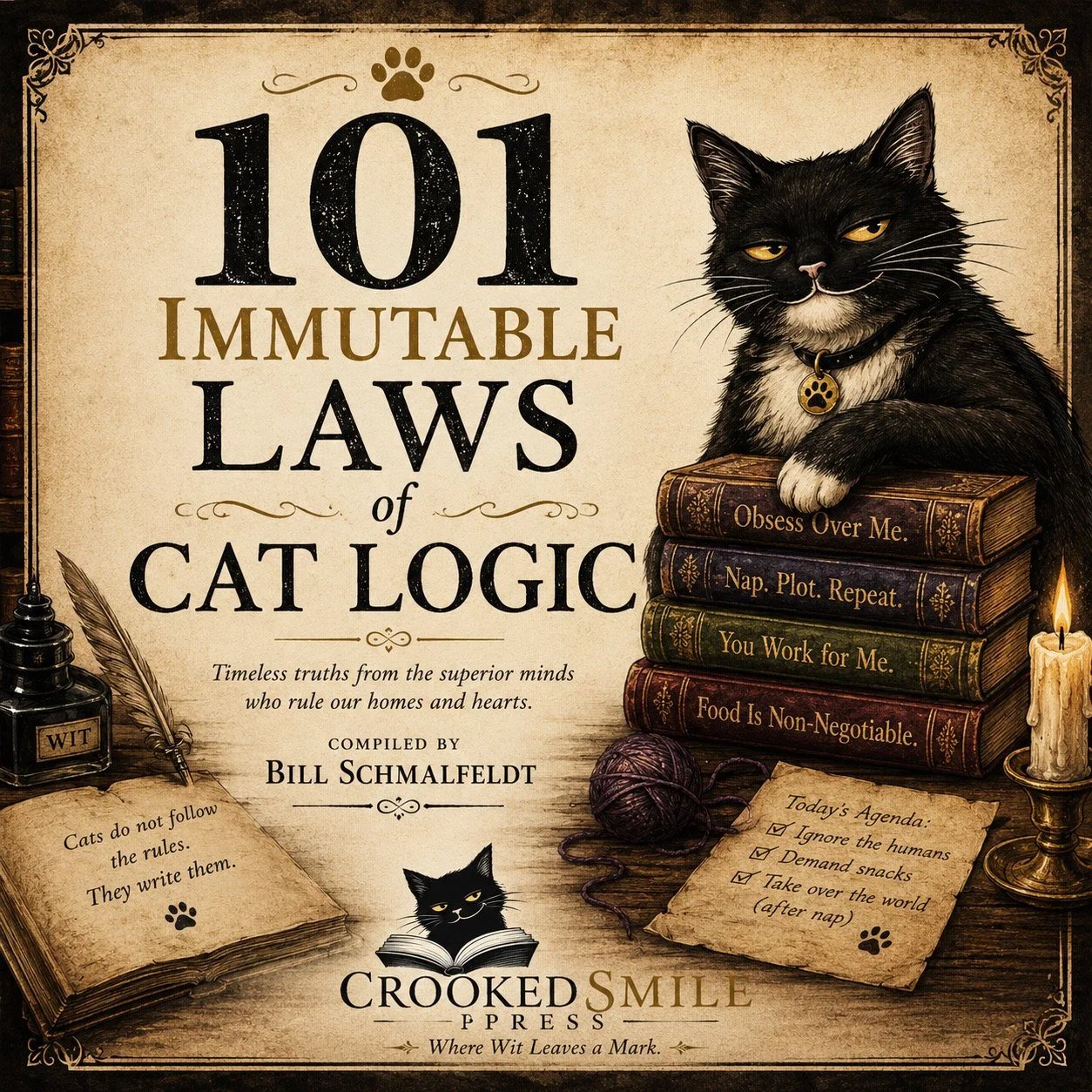 Cover of 101 Immutable Laws of Cat Logic by Bill Schmalfeldt, a humorous guide to the mysterious rules cats expect humans to obey.