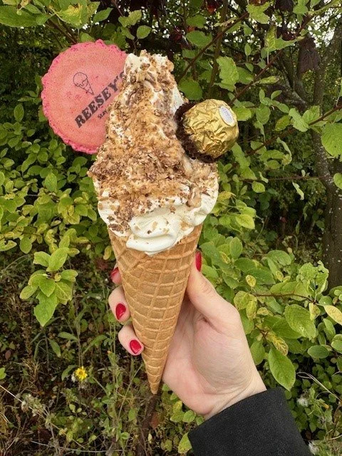 A hand holding an ice cream cone with three scoops, topped with two Ferrero Rocher chocolates and a Reese's peanut butter cup, against green leafy bushes.