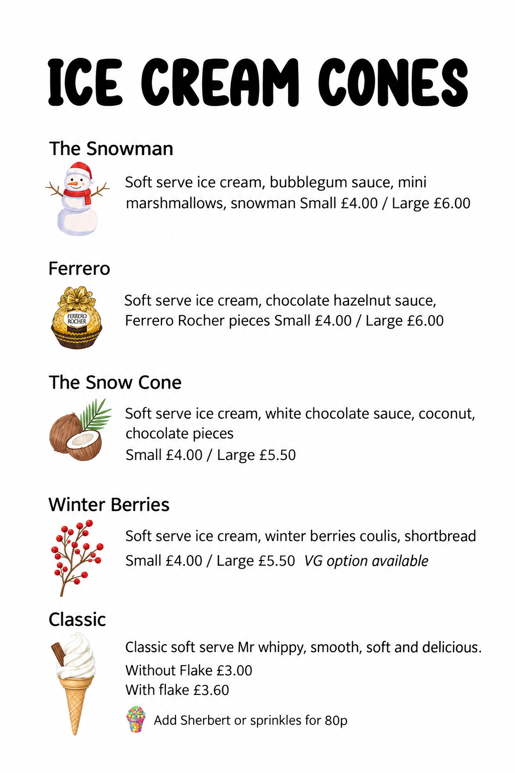 Menu of ice cream cones with various flavors and toppings, including snowman, Ferrero Rocher, coconut, winter berries, and classic options, with prices listed.