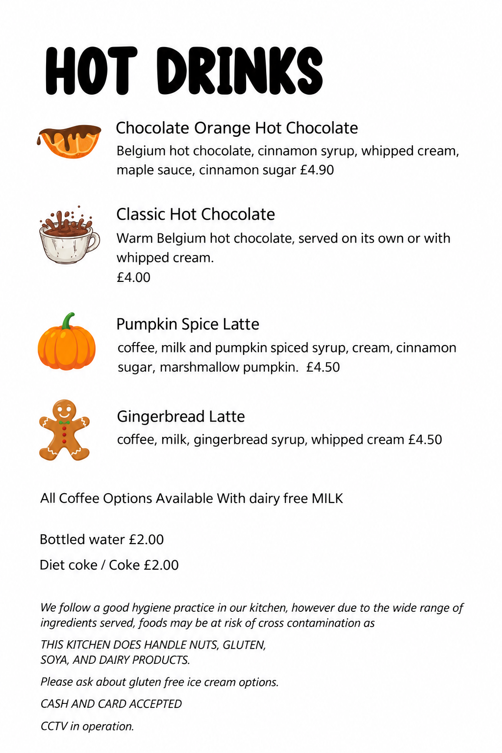 A menu of hot drinks including chocolate orange hot chocolate, classic hot chocolate, pumpkin spice latte, gingerbread latte, with prices and descriptions, accompanied by small icons representing each drink.