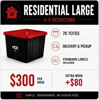 Advertisement for large residential storage with 4-5 bedrooms, includes 70 totes, delivery and pickup, standard labels, costs $300 per week plus $80 extra for the first week.