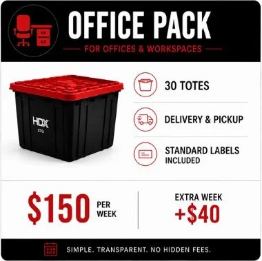 Advertisement for office supply package with a large black and red storage bin, offering 30 tote containers, delivery and pickup, standard labels, $150 weekly price, and an extra week for $40, with simple, transparent pricing.