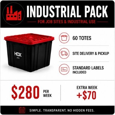 Advertisement for industrial pack with 60 totes, site delivery and pickup, standard labels included, costing $280 per week plus $70 for extra week, with a black and red design.