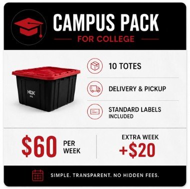 Advertisement for college campus pack with a black storage box with a red lid, priced at $60 weekly with an extra $20 for additional week, includes 10 totes, delivery and pickup, and standard labels.