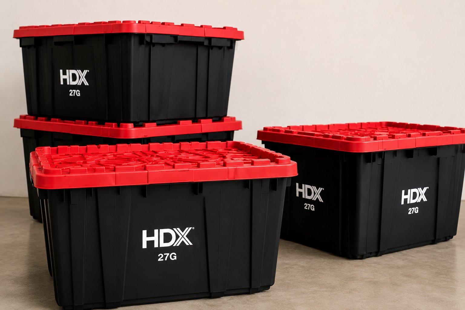 Three black plastic storage bins with red lids, marked with 'HDX 27G', placed on a beige floor against a plain beige wall.