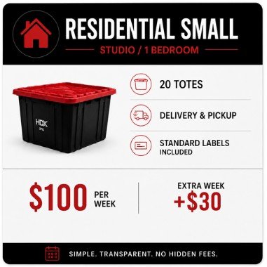 Advertisement for residential small storage studio or one-bedroom, featuring a black and red storage container, weekly rent of $100, with an extra week costing $30, including delivery, pickup, and standard labels, and emphasizing transparency and no hidden fees.