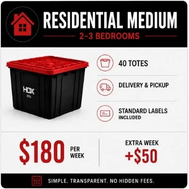 Advertisement for residential medium storage solutions, offering 2-3 bedrooms, 40 totes, delivery and pickup, standard labels, $180 weekly rate, plus $50 for extra week, with simple and transparent pricing.