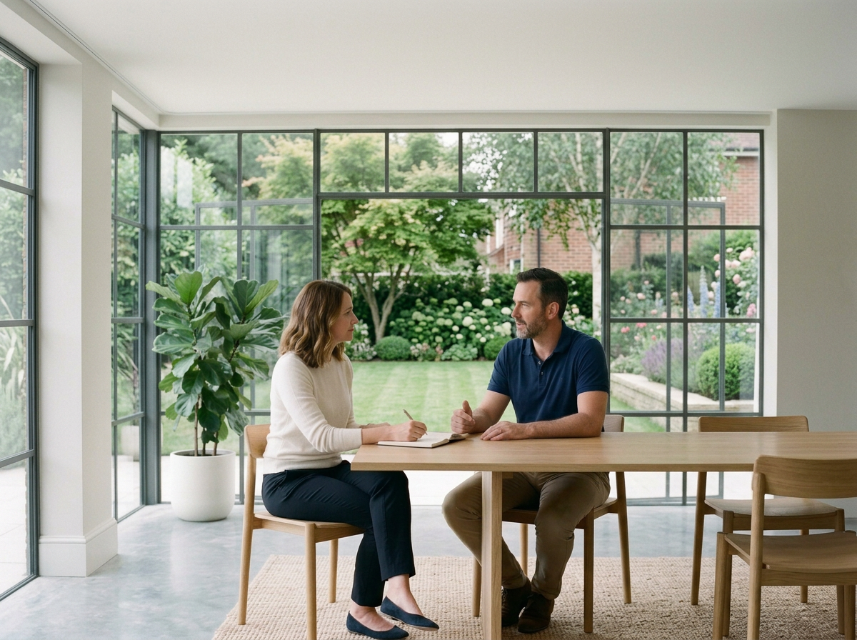 A woman and a man sitting at a wooden table inside a bright room with large glass windows overlooking a green garden. The woman is taking notes, and the man is talking, engaged in a conversation.