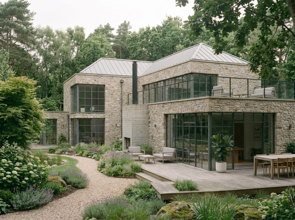 A modern house made of stone and glass is surrounded by a lush garden with a winding pathway, outdoor seating, and trees.