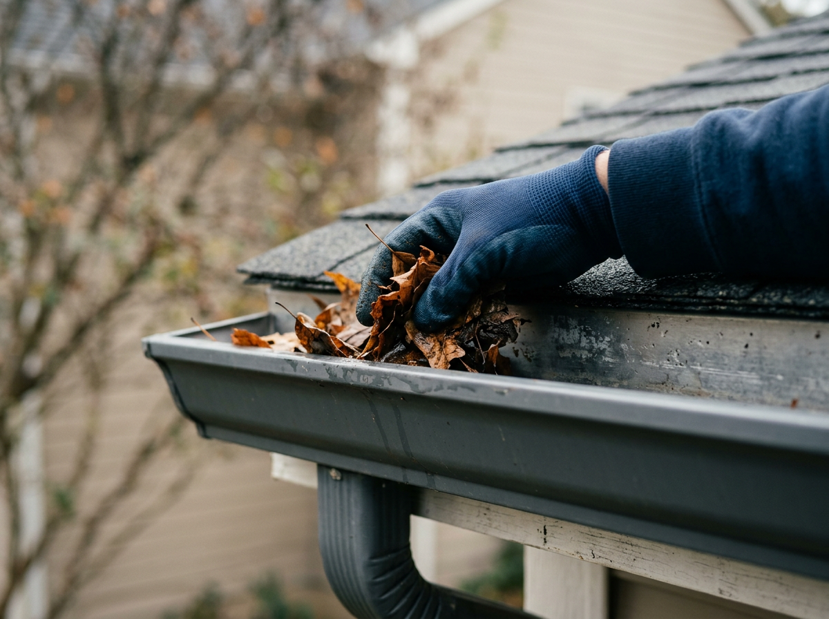 Person wearing a glove cleaning leaves out of a gutter on a house roof.