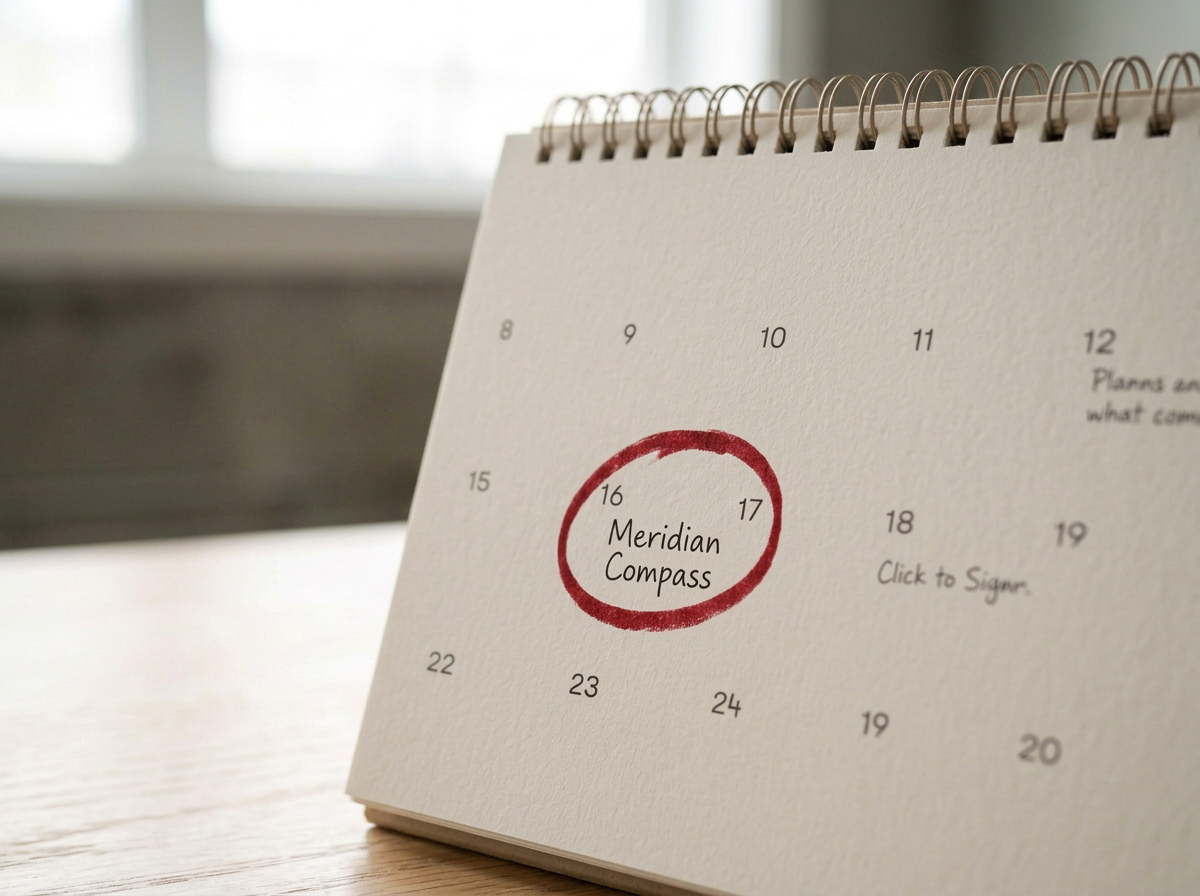 A close-up of a desk calendar with the date 17 circled in red. The circle is hand-drawn, and the words "Meridian Compass" are written inside the circle. The calendar is on a light wooden surface near a window.