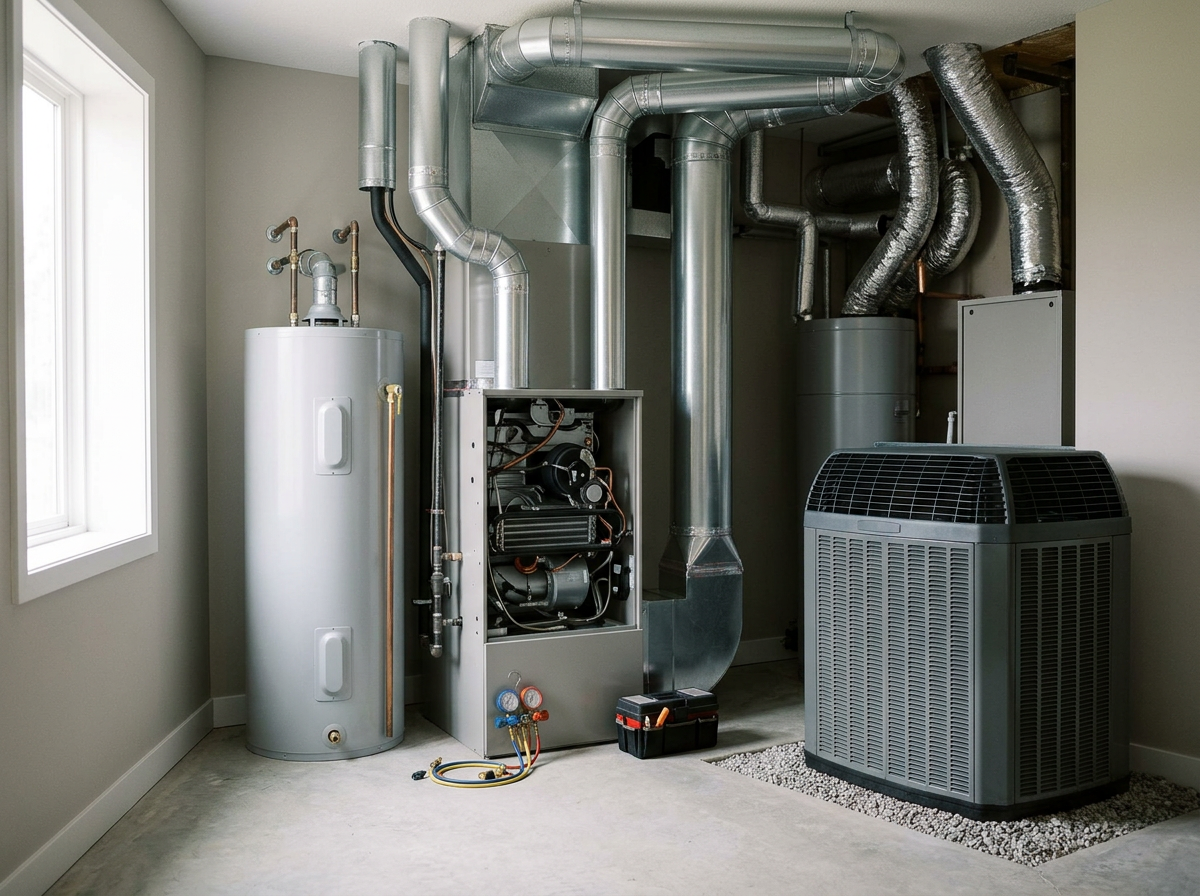 A utility room with an air conditioning or heating system, including ductwork, compressor, water heater, and filtration system.