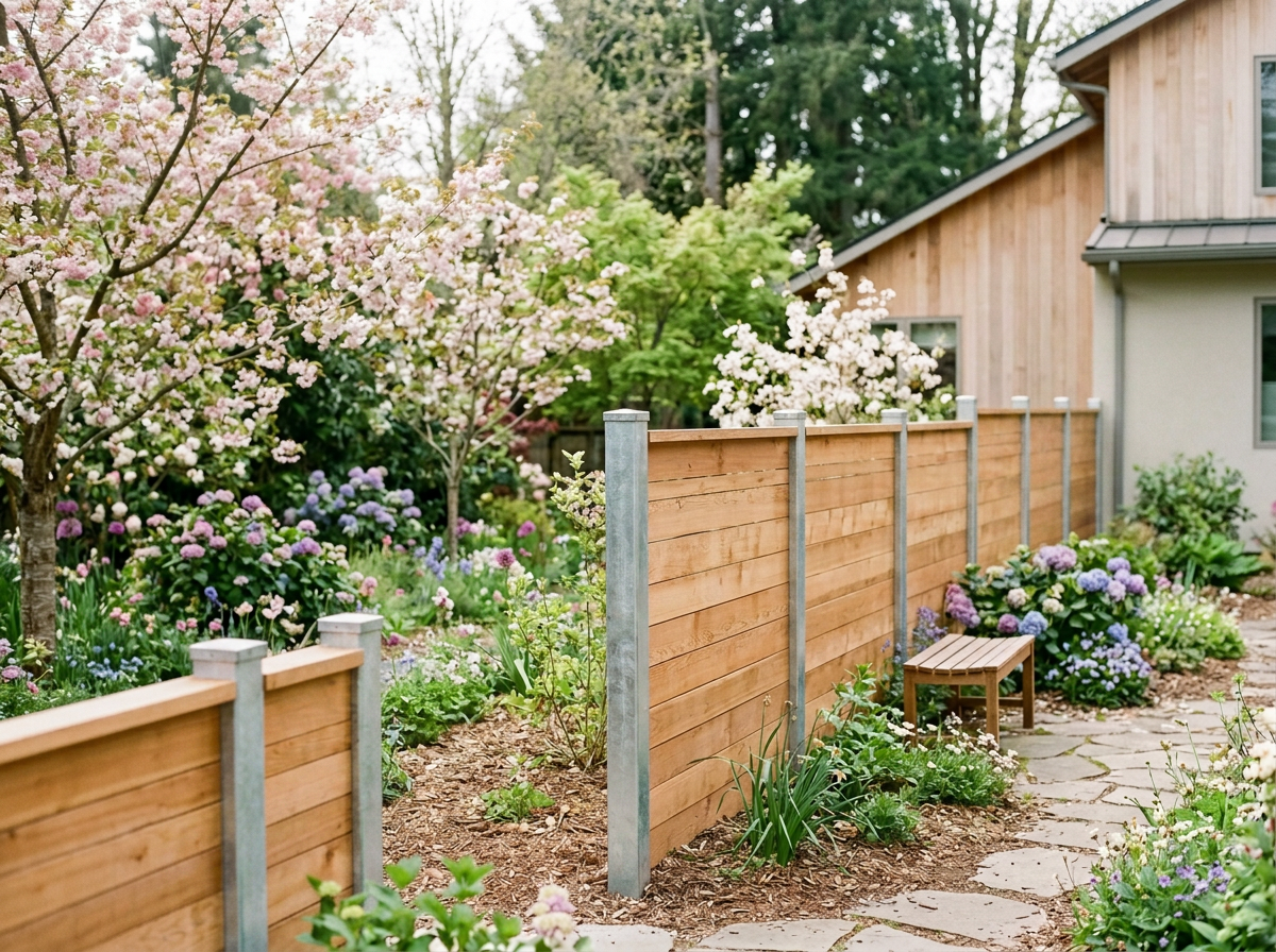 A garden with blooming pink, white, purple, and blue flowers, trees with pink blossoms, a wooden fence, and a stone pathway next to a house with wooden siding.