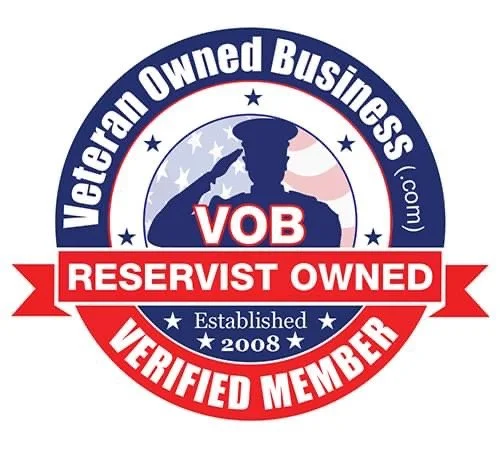 Seal for veteran-owned business, reservist owned, verified member, established in 2008, featuring an army silhouette saluting with an American flag background.