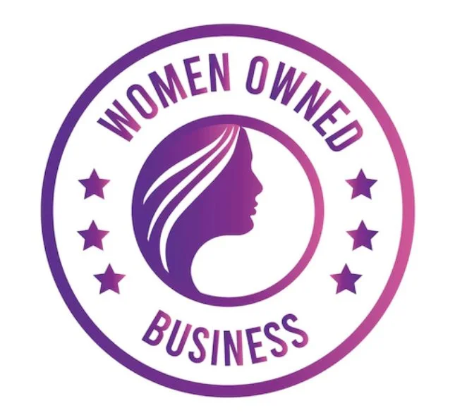 Logo with a purple circular emblem that says "Women Owned Business" and features a silhouette of a woman with flowing hair inside.