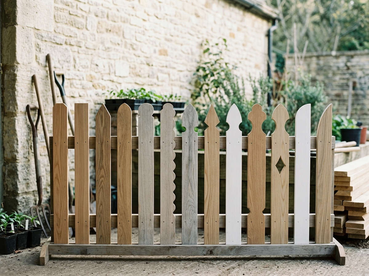 A partially painted wooden picket fence in a garden, with some sections painted white and others left natural, standing on dirt ground near gardening tools and potted plants.