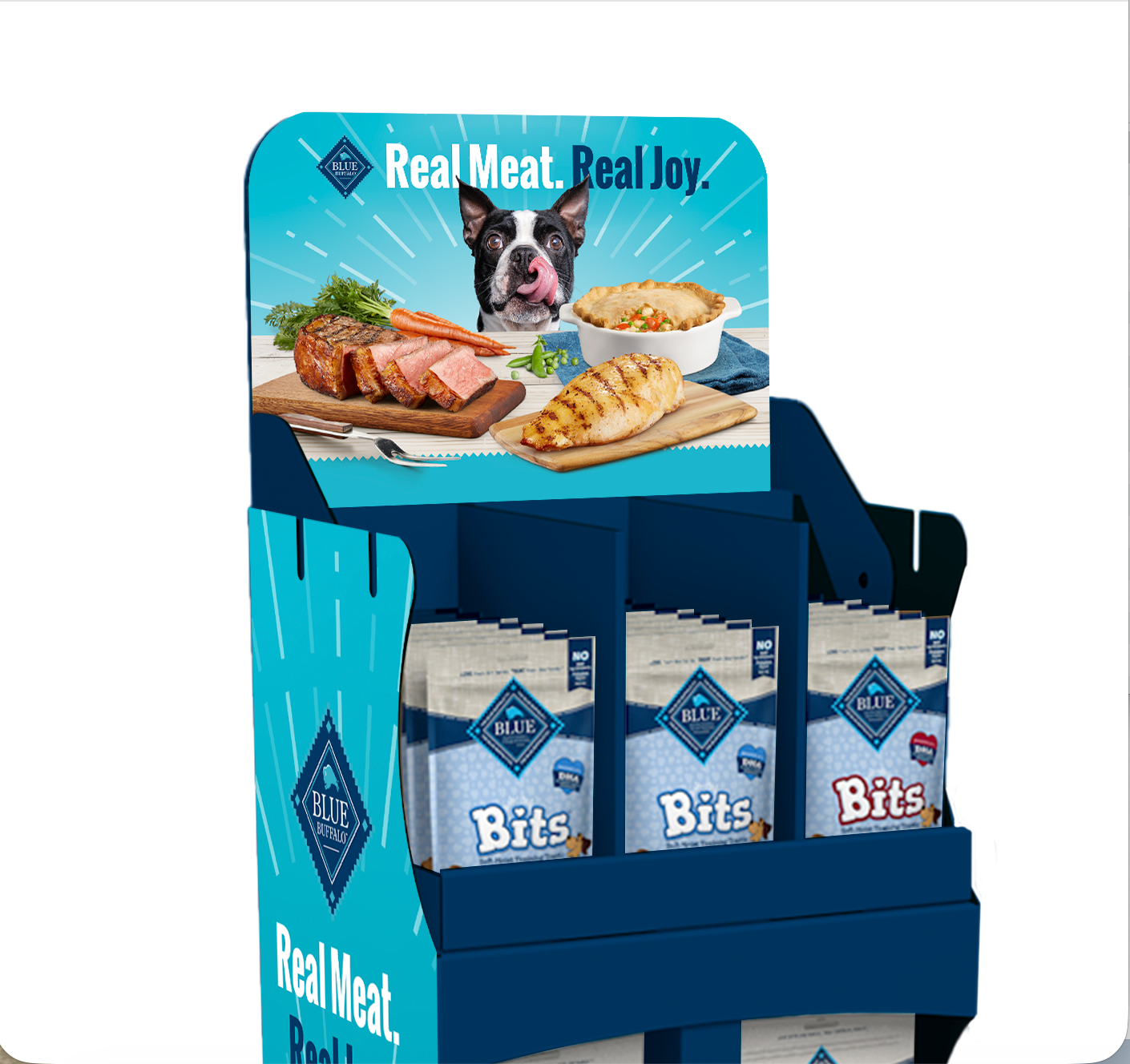 Retail shipper display of dog treat bags. The shipper shows various cooked meats and a dog licking their lips, promoting real meat and real joy for dogs. 