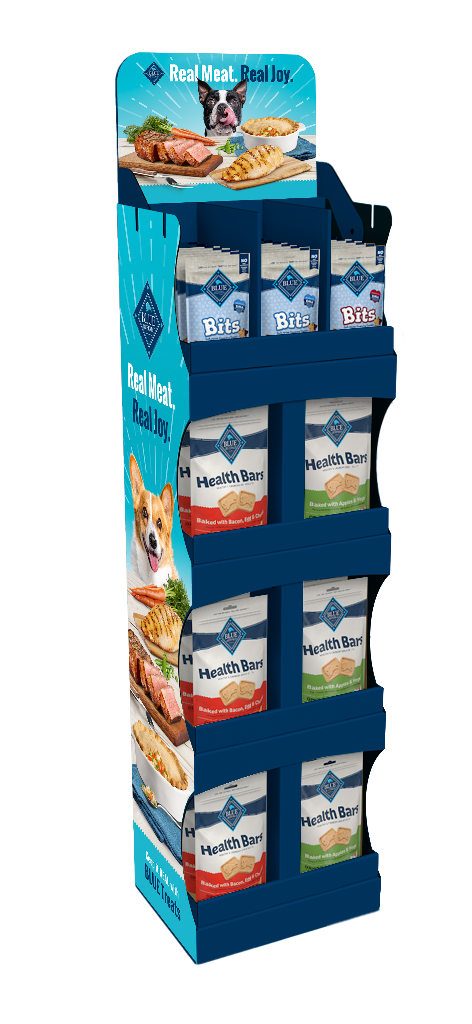 A retail shipper filled with Blue Buffalo dog treats featuring our star Boston terrier licking his lips and all of the delicious human foods that Blue Buffalo treats are modeled after.