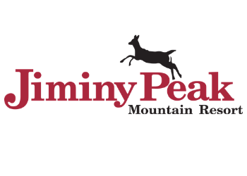 Red and black Jiminy Peak Mountain Resort logo featuring a deer jumping over the brand name
