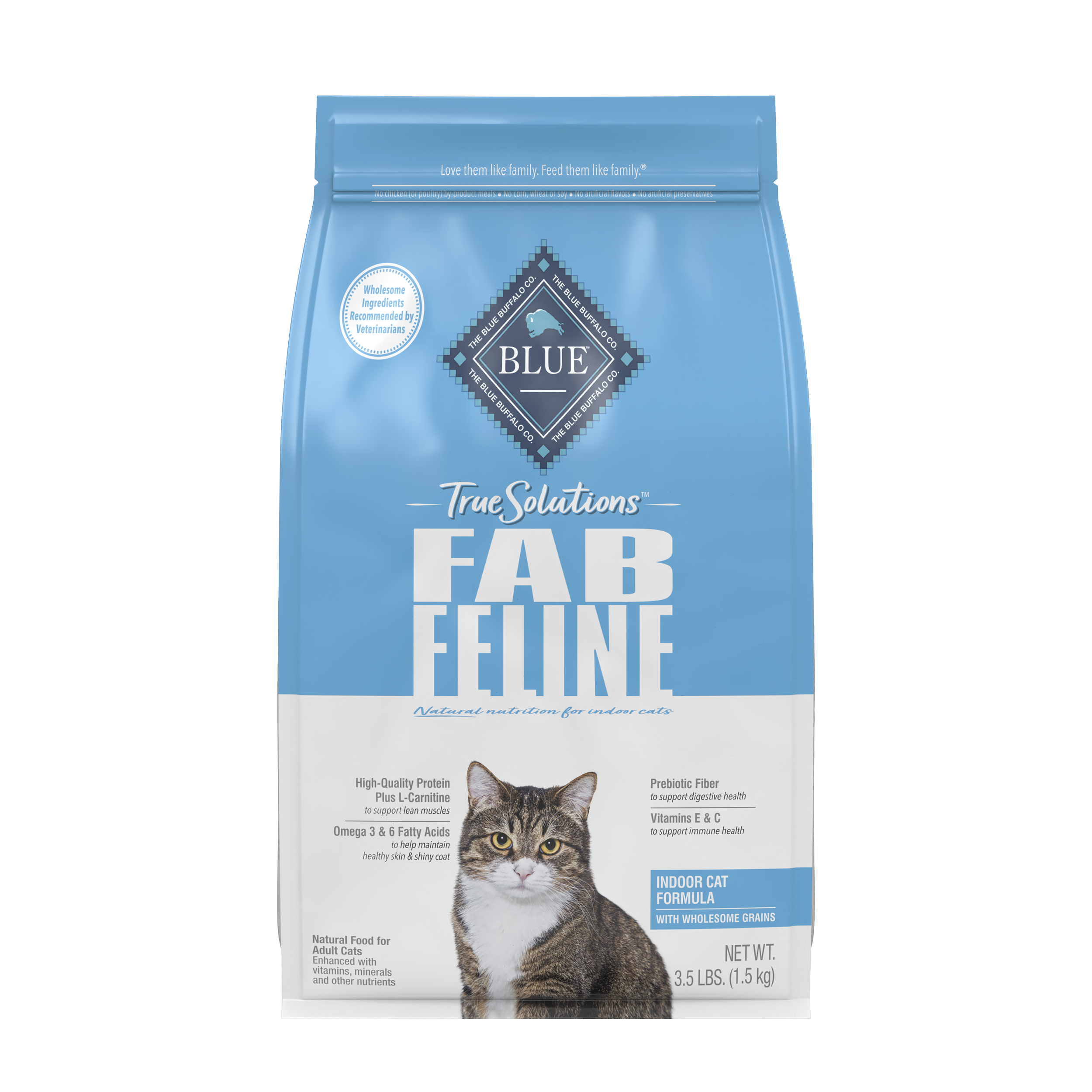 A package of True Solutions Fab Feline cat food. The bag is bright blue and white and features a brindle cat with a white snout and belly.