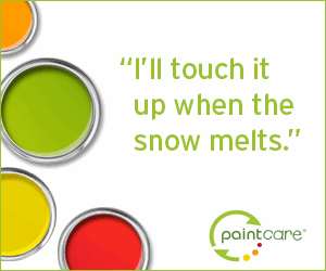 white background with open cans of paint shown from the top down so they look like colorful dots (green, orange, yellow, and red)