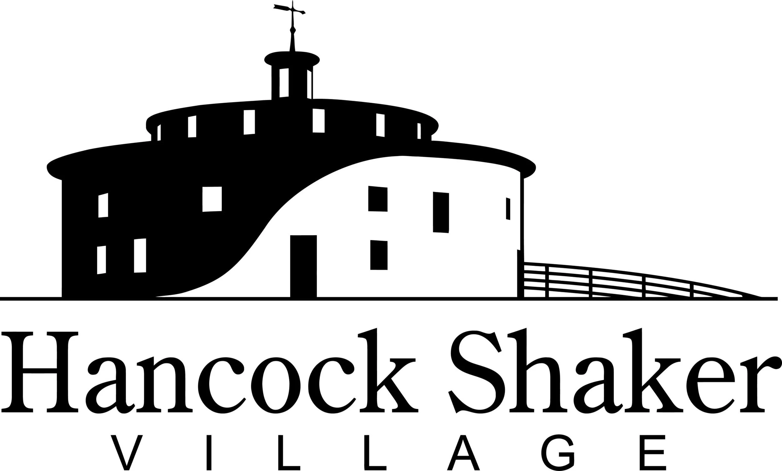 Hancock Shaker village black and white logo featuring a silhouette of their famous round stone barn.