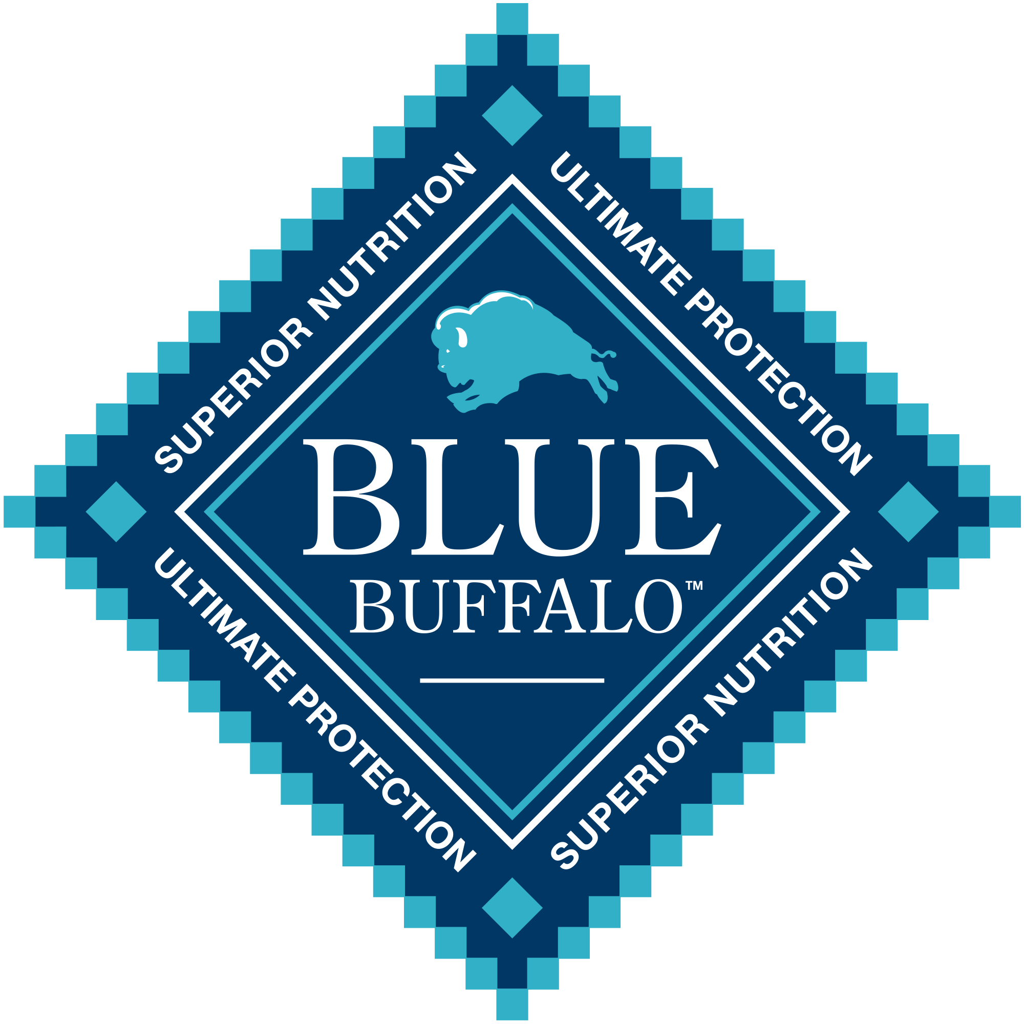 Blue Buffalo's famous diamond-shaped shield logo featuring a light blue buffalo jumping over the brand name.