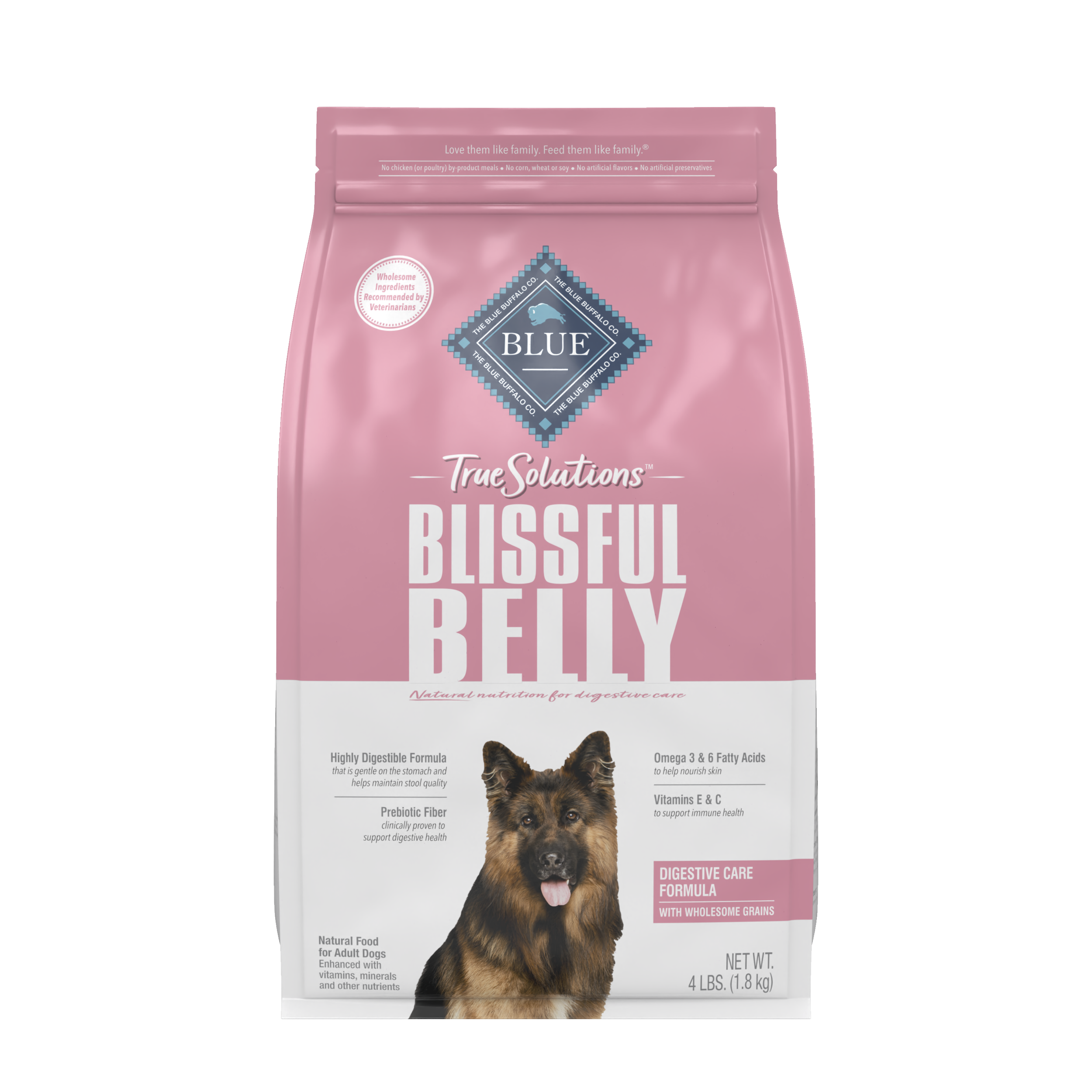 A package of BLUE True Solutions Blissful Belly. It is pink and white and features a happy german shepherd.