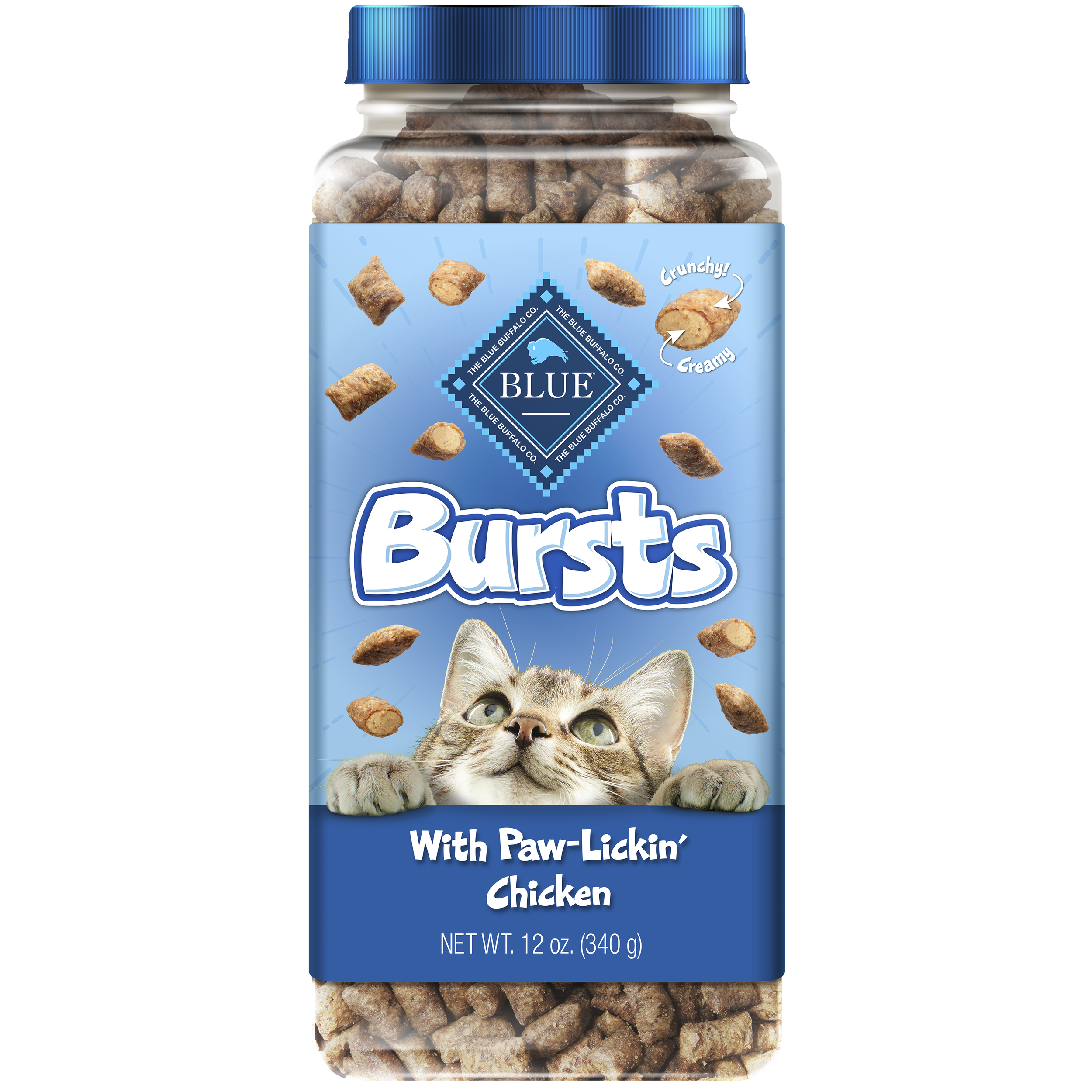A plastic jar of BLUE Bursts cat treats featuring a cat looking up longingly at treats raining down from the sky.