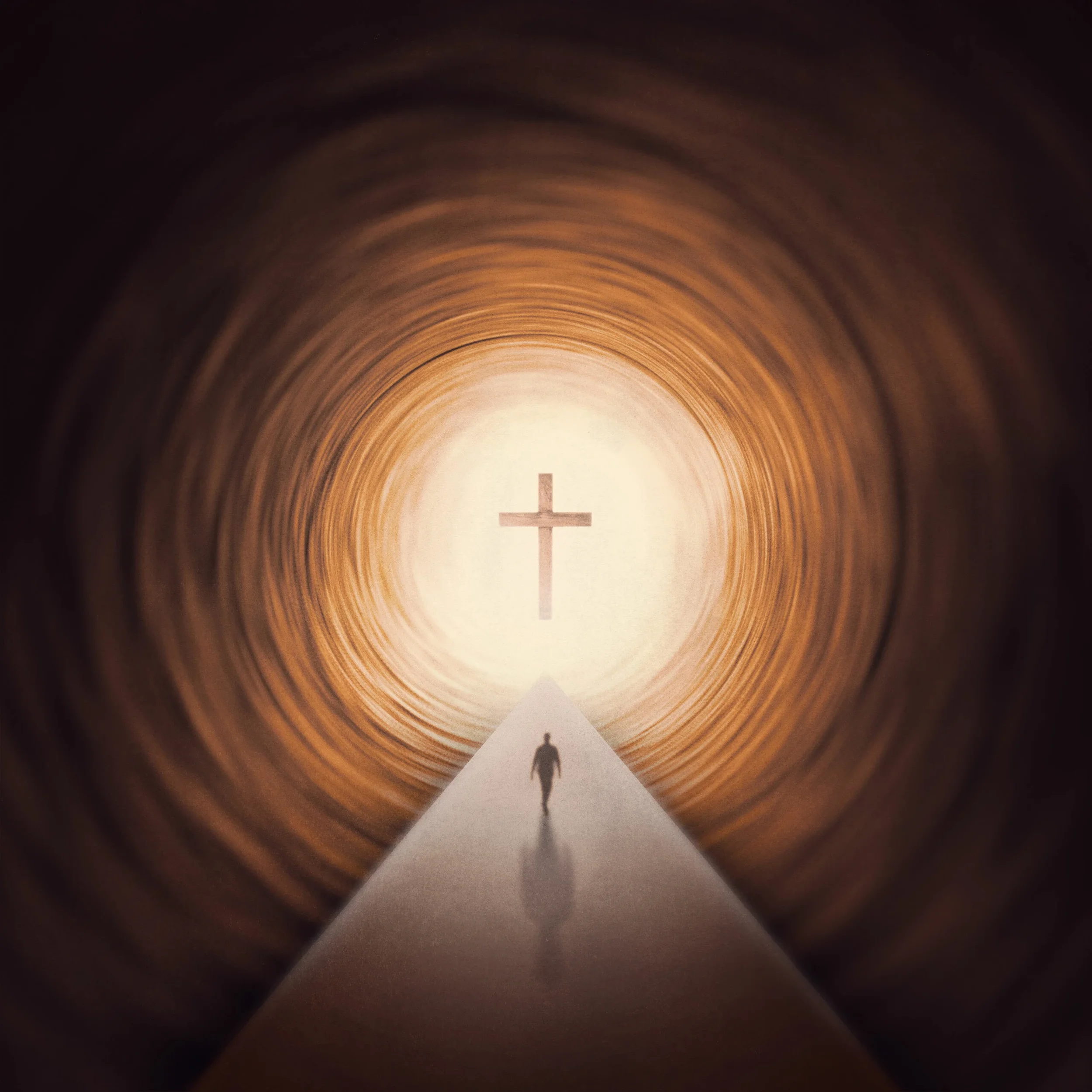 A person walking on a long, straight road through a tunnel or circular structure, illuminated from the end, creating a glowing light in the distance.