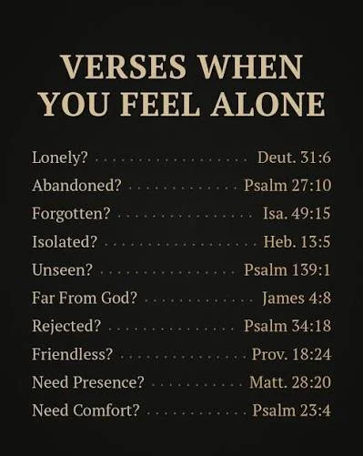 A black poster with beige text titled "Verses When You Feel Alone" listing Bible verses for loneliness, abandonment, forgetfulness, isolation, being unseen, feeling far from God, rejection, friendlessness, needing presence, and needing comfort.