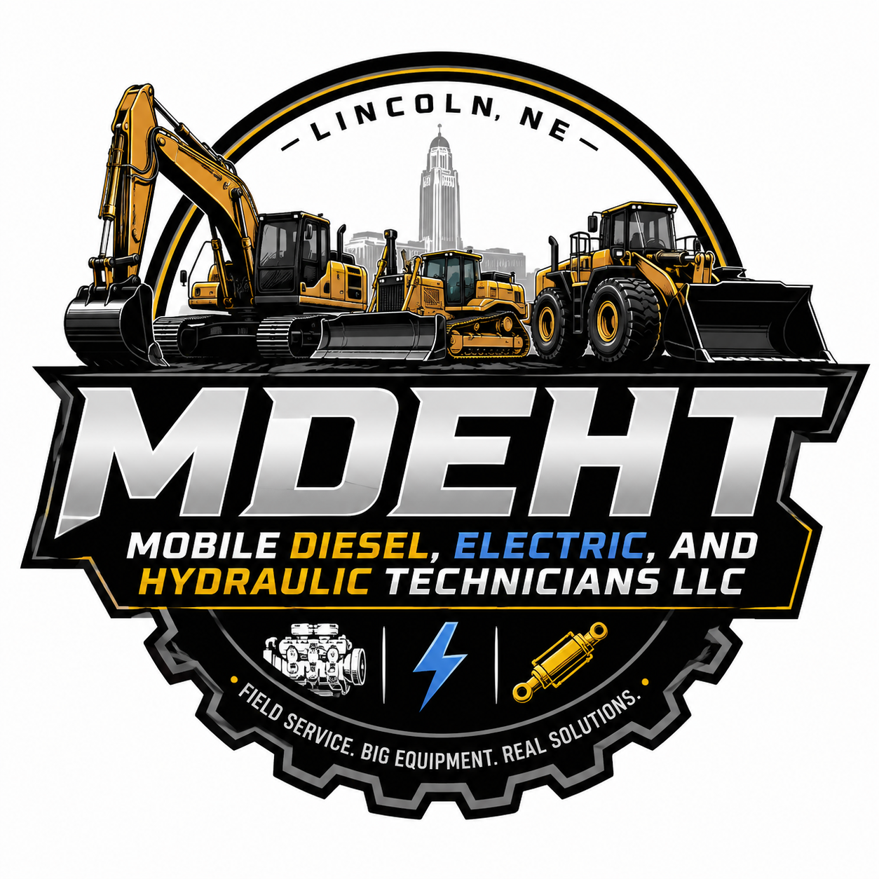 Logo for MDEHT, a company specializing in mobile diesel, electric, and hydraulic equipment servicing, featuring construction vehicles, tools, and a city skyline.
