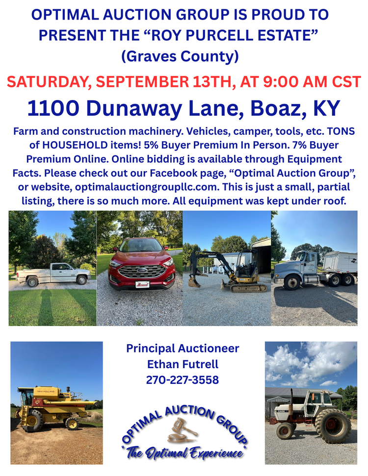 Flyer announcing an auction event for Roy Purcell Estate in Graves County, scheduled for Saturday, September 13th at 9:00 AM CST at 1100 Dunaway Lane in Boaz, KY. The flyer features images of farm and construction machinery, vehicles, tools, and household items, with details about online bidding and contact information for principal auctioneer Ethan Futrell.