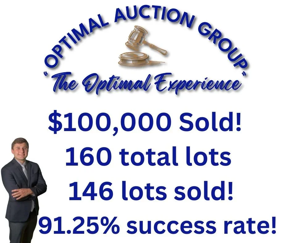 A promotional graphic for the 'Optimal Auction Group' with text celebrating the sale of 100,000 units and highlighting a 91.25% success rate. The graphic features a gavel and sound block illustration at the top, the group’s name in bold blue text, and a man in a suit standing with crossed arms on the bottom left.