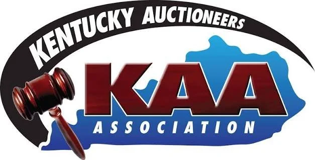 Logo for Kentucky Auctioneers Association with a gavel and a blue outline of Kentucky.