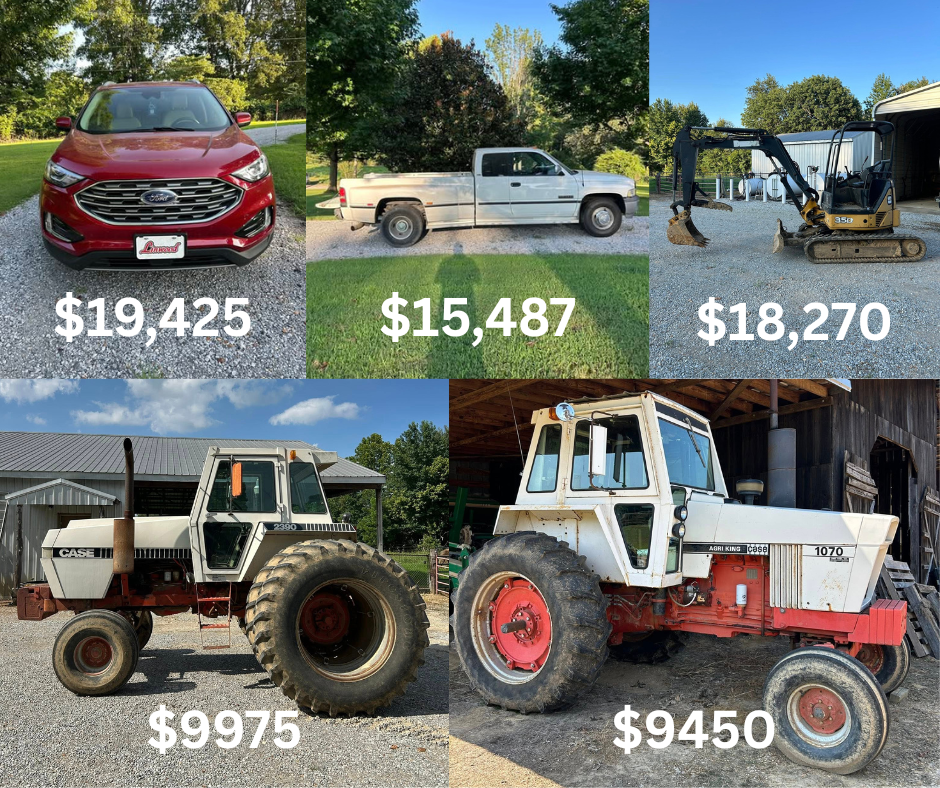 Comparison of four vehicles with prices: red Ford SUV, white pickup truck, yellow excavator, and two vintage tractors.