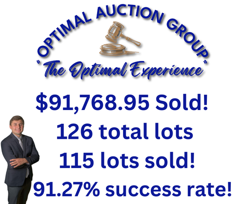 Graphic celebrating an auction group's success with a gavel, a man in business attire, and text highlighting $91,768.95 sold, 126 total lots, 115 lots sold, and a 91.27% success rate.