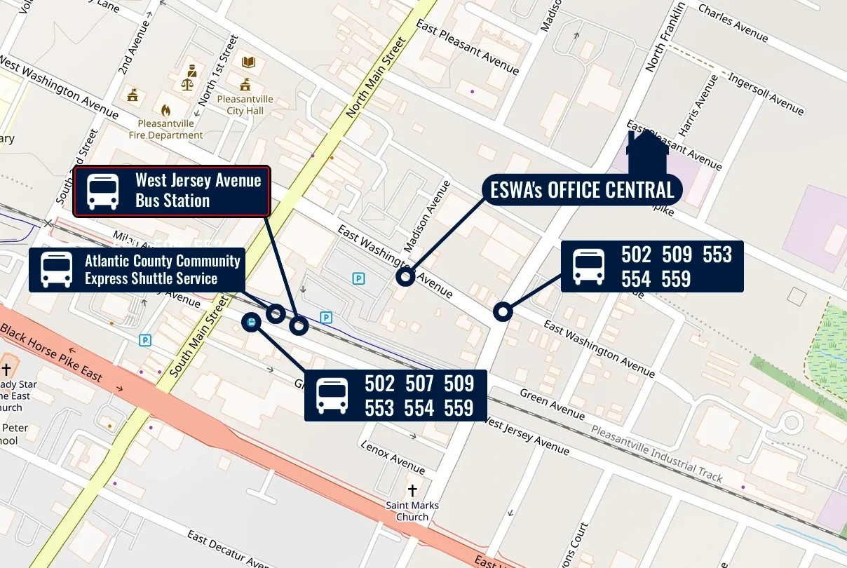 A public transit map. Use the West Jersey Avenue Bus station.  Take the 502, 507, 509, 553, 554 and 559.