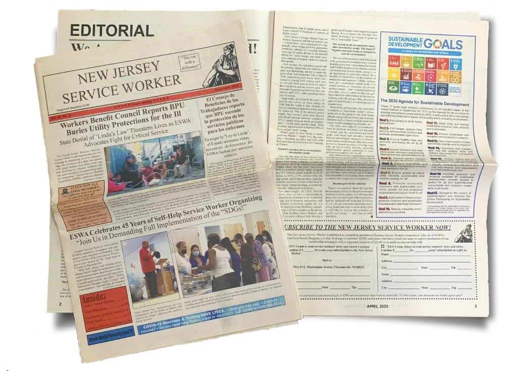 An open newspaper shows the Sustainable Development Goals and a headline which says "Workers Benefit Council Reports BPU Buries Utility Protections for the Ill"