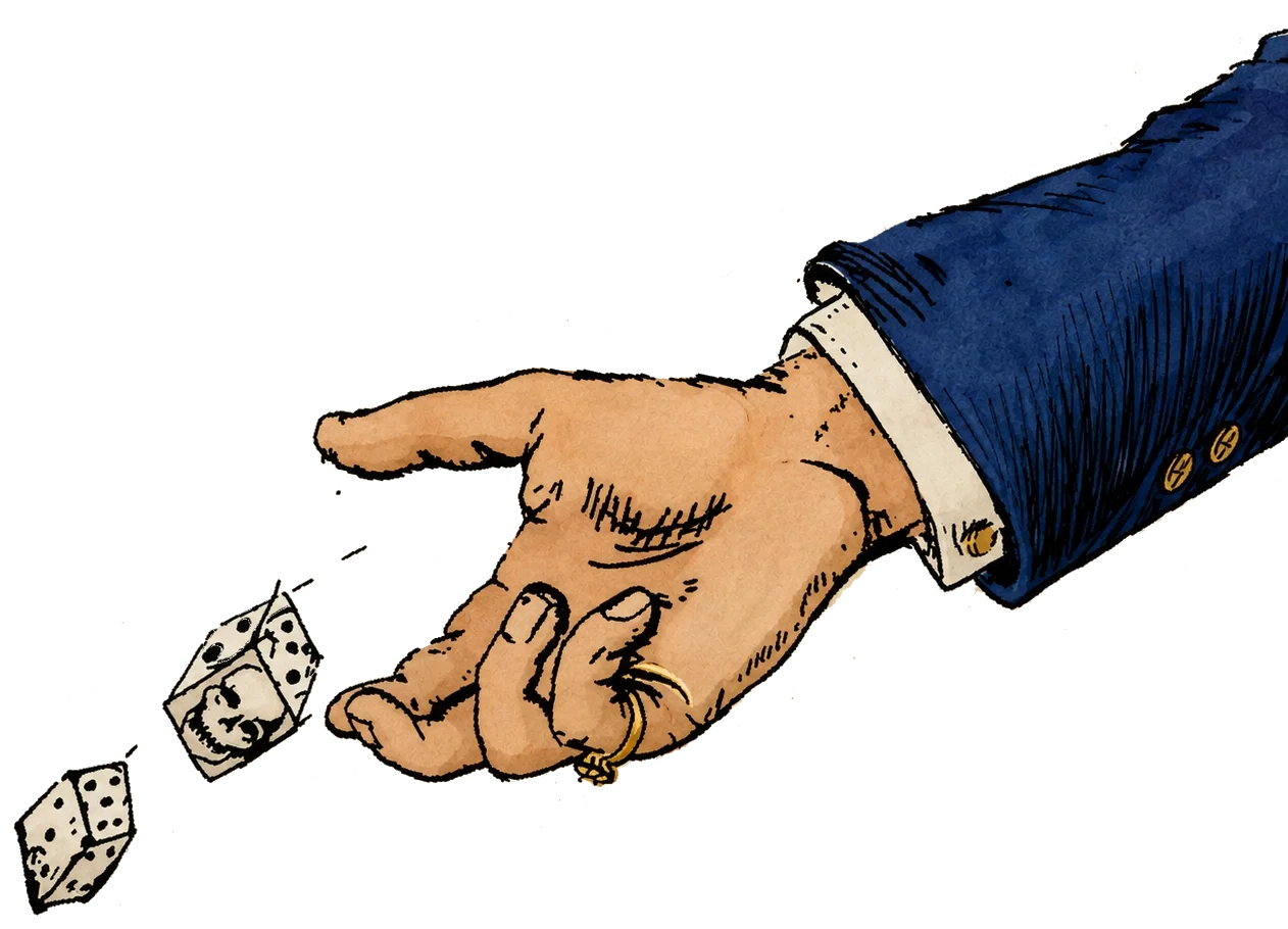 A hand with a pinky ring throwing dice with a human skull on one side