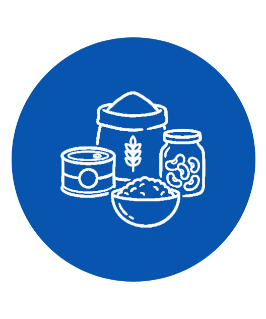 Line art of canned food, a jar of pickles, baby food, and a bowl of rice or cereal on a blue circular background.